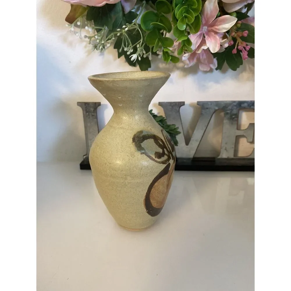 Vintage Hand Painted Stoneware Vase MCM‎ Signed Numbered Peach Design 6